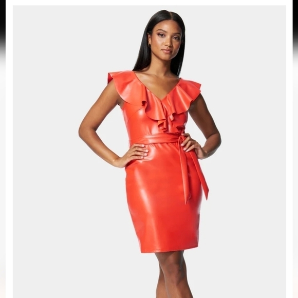 NEW Bebe Faux Leather Ruffle Wrap Dress Medium - Picture 1 of 14